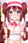  1girl apron bangs baseball_cap blue_eyes blurry blush breasts brown_hair cleavage covered_navel cowboy_shot detached_collar double_bun embarrassed frilled_apron frills from_above hat holding large_breasts long_hair looking_at_viewer mei_(pokemon) menu naked_apron neck_ribbon nose_blush pink_neckwear pink_ribbon poke_ball poke_ball_(generic) pokemon pokemon_(game) pokemon_bw2 ribbon rouka_(akatyann) sidelocks solo sparkle tearing_up tears twintails very_long_hair white_headwear wrist_cuffs 