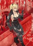  1girl :d apron azasuke blonde_hair breasts cleavage dorohedoro dumpling food gloves highres horns jiaozi kitchen large_breasts looking_at_viewer nikaidou_(dorohedoro) open_mouth ponytail pot skull smile spatula 