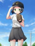  1girl adjusting_headwear anchor_hair_ornament baseball_cap baseball_mitt black_hair black_headwear blue_sky blurry blurry_background closed_mouth cloud cloudy_sky commentary cowboy_shot day depth_of_field green_eyes hair_ornament hairclip hat kakizaki_(chou_neji) kantai_collection kuroshio_(kantai_collection) logo looking_at_viewer outdoors print_hat school_uniform short_hair short_sleeves sky smile solo standing 