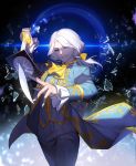  1boy absurdres blue_eyes blue_suit bow cravat glass_shards hair_bow highres holding holding_sword holding_weapon identity_v joseph_(identity_v) kylooe_0 long_hair long_sleeves low_ponytail male_focus pants ponytail smile solo standing sword weapon white_hair yellow_bow yellow_neckwear 