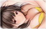  1girl anegasaki_nene bangs bikini_top blush breasts brown_eyes brown_hair cleavage collarbone eyebrows_visible_through_hair from_above large_breasts long_hair looking_at_viewer love_plus mole mole_under_eye nannacy7 sleeveless smile solo upper_body yellow_bikini_top 