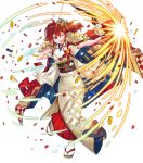  1girl anna_(fire_emblem) bangs bow_(weapon) fire_emblem fire_emblem_heroes full_body hair_ornament hanekoto highres holding holding_bow_(weapon) holding_weapon japanese_clothes kimono obi official_art red_eyes red_hair sandals sash smile solo tabi tied_hair transparent_background weapon white_legwear 