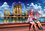  anastasia_(fate/grand_order) animal_ear_fluff animal_ears bangs bare_shoulders blue_dress blue_eyes blue_skirt blue_sky blush bottle breasts cleavage cloud contemporary dress ears_through_headwear fate/extra fate/grand_order fate_(series) fountain fox_ears fox_girl fox_tail hair_over_one_eye hat large_breasts layered_dress legs long_hair long_sleeves npcpepper pink_hair shirt silver_hair sitting skirt sky smile sun_hat tail tamamo_(fate)_(all) tamamo_no_mae_(fate) water white_dress white_headwear white_shirt yellow_eyes 