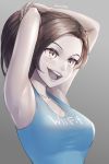  1girl :d absurdres armpits arms_up awan0918 breasts brown_eyes brown_hair cleavage clothes_writing forehead grey_background highres long_hair medium_breasts open_mouth pale_skin ponytail short_hair signature simple_background sleeveless smile solo tank_top upper_body upper_teeth wii_fit wii_fit_trainer 