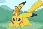  black_nose dashboom dedenne dipstick_ears duo eyewear fur glasses hi_res mammal michelle_(dashboom) multicolored_ears nintendo orange_body orange_fur pikachu pok&eacute;mon pok&eacute;mon_(species) rodent simple_background video_games whiskers yellow_body yellow_fur 