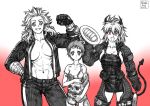  3girls abs apron bandages blade_of_fury breasts cleavage demon_tail dorohedoro dumpling earrings ebisu_(dorohedoro) flat_chest flexing food gloves horns jacket jewelry jiaozi leather leather_jacket long_hair looking_at_viewer mask multiple_girls muscle muscular_female nikaidou_(dorohedoro) noi_(dorohedoro) pose red_eyes short_hair spatula tail 