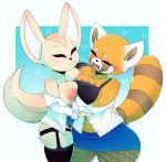  2019 :3 aggressive_retsuko ailurid anthro big_breasts blush breast_squish breasts breasts_frottage canid canine clothed clothing duo eyes_closed female female/female fennec fenneko fishnet fishnet_legwear fox fur hi_res legwear mammal nipples open_mouth peng red_panda retsuko sanrio simple_background squish topless 