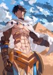  1boy abs absurdres bangs bare_chest black_hair bob_(biyonbiyon) brown_gloves cape closed_mouth cloud day earrings egyptian egyptian_clothes fate/grand_order fate/prototype fate_(series) gem gloves gold_trim highres jewelry male_focus outdoors ozymandias_(fate) pyramid shirtless sky solo white_cape yellow_eyes 