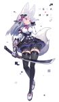  1girl animal_ear_fluff animal_ears bangs bare_shoulders black_dress black_legwear black_shorts breasts closed_mouth commentary_request dress elbow_gloves eyebrows_visible_through_hair fox_ears fox_girl fox_tail full_body gloves grey_hair hair_ornament hand_up highres holding holding_sword holding_weapon katana long_hair looking_away looking_to_the_side mamuru medium_breasts original puffy_shorts red_eyes shoes short_shorts shorts smile solo sword tail thighhighs weapon white_background white_footwear white_gloves 