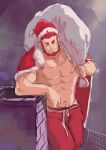  1boy beard blue_eyes blush brown_hair cape chest christmas facial_hair fate/grand_order fate_(series) hat male_focus muscle navel nipples pants quanlao0624 red_hair rider_(fate/zero) santa_costume santa_hat simple_background sketch smile solo 