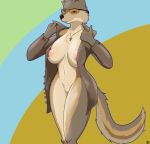  2019 abstract_background anthro big_breasts breasts canid canine canis clothing coyote digital_media_(artwork) eyewear female hi_res jacket mammal nude pendant scp-2547 scp_foundation solo sunglasses topwear unusualmatias 