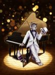  2019 4_toes anthro barefoot blue_eyes clothed clothing digital_media_(artwork) felid fingers kanizo keyboard_instrument male mammal musical_instrument pantherine piano smile snow_leopard solo standing toes whiskers 