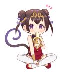  banana blush brown_hair chibi crossed_legs double_bun eating food fruit full_body headband itsuwari_alice looking_at_viewer monkey_girl pico_(p_i_c_o) purple_eyes sidelocks simple_background sitting thighhighs white_background white_legwear 