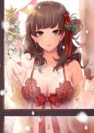  1girl bare_shoulders blurry bra breasts brown_hair christmas christmas_tree cleavage commentary_request daidai_jamu depth_of_field earrings green_eyes hair_ornament heart highres jewelry lace lace-trimmed_bra large_breasts lingerie long_hair looking_at_viewer navel_piercing original piercing red_bra red_ribbon ribbon ring snowing solo star underwear underwear_only upper_body wedding_band window 