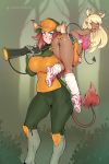  2girls animal_ears antenna_hair ass baseball_cap bbc-chan blonde_hair blue_eyes blush boots borrowed_character breasts bulge calixa_(syrila) carrying_over_shoulder commentary commission couple cow_girl cow_horns cow_tail dark_skin deer_ears deer_tail demon_girl demon_tail english_commentary extra_tails fake_animal_ears fake_antlers fake_tail forest gloves gun hat height_difference highres holding_person horns huge_breasts hunting knee_boots knee_pads leg_warmers licking_lips lifting_person long_hair maeya_(momoda) medium_breasts multiple_girls nature original pants partly_fingerless_gloves pink_footwear red_hair rifle shoes short_shorts shorts sneakers suction_cups tail tank_top thighs tongue tongue_out trigger_discipline weapon wristband yellow_eyes you_gonna_get_raped yuri 