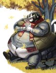  anthro autumn beanie belly bench beverage big_belly big_butt black_body black_fur butt canid canine canis chubby_cheeks clothed clothing domestic_dog eyes_closed fur hat headgear headwear holding_beverage holding_object leaf male mammal moobs navel nyil obese obese_male on_bench open_mouth open_smile outside overweight overweight_male scarf sitting smile solo tree white_body white_fur 