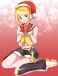  1girl bangs bare_shoulders belt black_collar blonde_hair blue_eyes box christmas collar commentary crop_top fang fur-trimmed_hat fur-trimmed_mittens fur-trimmed_shorts gift gift_box hair_ornament hairclip hat highres kagamine_rin leg_warmers looking_at_viewer midriff mittens navel open_mouth red_background red_headwear red_mittens sailor_collar santa_hat shirt shoes short_hair short_shorts shorts sitting sleeveless sleeveless_shirt smile snowflake_background solo sparkle supo01 swept_bangs vocaloid wariza white_footwear white_shirt 