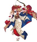  1girl anna_(fire_emblem) bangs bow_(weapon) fire_emblem fire_emblem_heroes full_body hair_ornament hanekoto highres holding holding_bow_(weapon) holding_weapon japanese_clothes kimono obi official_art red_eyes red_hair sandals sash smile solo tabi tied_hair transparent_background weapon white_legwear 