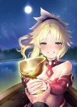  1girl bangs bare_shoulders blonde_hair blush boat braid breasts commentary_request detached_sleeves eyebrows_visible_through_hair fate/apocrypha fate_(series) grail green_eyes hair_ornament hair_scrunchie highres holding long_hair looking_at_viewer moon mordred_(fate) mordred_(fate)_(all) mozu_(peth) night outdoors ponytail red_scrunchie red_sleeves scrunchie smile solo_focus tears teeth watercraft 