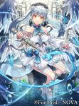  1girl angel angel_wings arch blue_neckwear company_name copyright_name dress earrings holding holding_sword holding_weapon indoors jewelry neko_miya nova_(tcg) official_art silver_hair solo sword twintails weapon white_dress wings yellow_eyes 