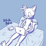  1:1 2019 anthro bed canid canine comic computer digital_media_(artwork) fox fur furniture hair hi_res loshon male mammal miles_prower monochrome multi_tail simple_background solo sonic_the_hedgehog_(series) 