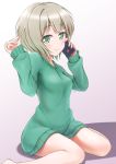  aoba_moca bang_dream! blush breasts brown_hair cellphone commentary_request eyebrows_visible_through_hair green_eyes green_sweater hair_between_eyes holding holding_cellphone holding_phone long_sleeves looking_at_viewer medium_breasts phone rikku_(licloud28) sitting smartphone smile sweater 