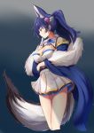  1girl animal_ear_fluff animal_ears azur_lane blue_background blue_eyes blue_hair breasts closed_fan closed_mouth cowboy_shot detached_collar dress fan flower folding_fan fox_ears fox_tail fur_scarf garugarubesu gradient gradient_background grey_background hair_between_eyes hair_flower hair_ornament highres holding holding_fan jintsuu_(azur_lane) large_breasts long_hair looking_away obi ponytail sash short_dress solo standing tail white_dress wide_sleeves 