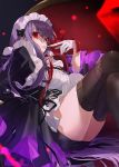  1girl apron bangs bb_(fate)_(all) bb_(fate/extra_ccc) black_dress black_legwear breasts cleavage corset cross-laced_clothes crossed_legs dress fate/extra fate/extra_ccc fate_(series) frills gloves hair_between_eyes hair_ribbon hino_hinako juliet_sleeves large_breasts long_hair long_sleeves looking_at_viewer neck_ribbon puffy_sleeves purple_hair red_eyes red_ribbon ribbon shaded_face sitting solo thigh_strap thighhighs thighs underbust very_long_hair waist_apron white_gloves wide_sleeves 