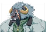  2019 anthro clothed clothing facial_scar felid hair horn krampus_(housamo) lion male mammal mane mane_hair pantherine scar septen_trion simple_background solo tied_hair tokyo_afterschool_summoners video_games white_background 