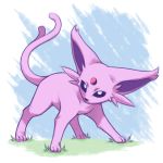  1:1 2019 2_tails abstract_background ambiguous_gender blue_background blue_eyes cheek_tuft ear_tuft eeveelution espeon facial_tuft feral forehead_gem fur grass hi_res inner_ear_fluff looking_at_viewer mammal multi_tail nintendo outside pink_body pink_fur plagueofgripes pok&eacute;mon pok&eacute;mon_(species) purple_sclera simple_background solo standing tuft video_games 