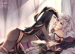  2girls artist_name ass black_hair black_nails bodystocking bracelet breasts bridal_gauntlets cape cleavage eye_contact eyelashes finger_to_another&#039;s_mouth fire_emblem fire_emblem_awakening jewelry long_hair looking_at_another multiple_girls nyamuh parted_lips pelvic_curtain robin_(fire_emblem) robin_(fire_emblem)_(female) silver_hair smile strap_slip tharja tiara twintails yuri 
