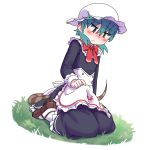  0x0082 1girl alternate_costume apron back_bow black_dress blue_eyes blue_hair blush bow bowtie brown_footwear commentary_request dress enmaided eyebrows_visible_through_hair grass highres japari_symbol kemono_friends_3 loafers long_sleeves maid maid_cap red_bow red_neckwear shoes short_hair sitting sleeve_cuffs snake_print snake_tail solo tail tsuchinoko_(kemono_friends) white_apron white_bow yokozuwari 