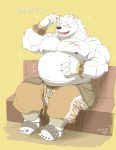  2019 anthro belly bottomwear clothing eyes_closed fur hi_res humanoid_hands japanese_text male mammal moobs navel niku_18 nipples overweight overweight_male pants scar sitting solo text white_body white_fur 