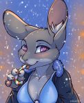  &lt;3 &lt;3_eyes anthro blush breasts buckteeth candy candy_cane clothed clothing dipstick_ears disney eating female food fur grey_body grey_fur head_tuft hi_res inner_ear_fluff judy_hopps kellwolfik lagomorph leporid looking_at_viewer mammal multicolored_ears open_mouth open_smile purple_eyes rabbit smile snow snowing solo teeth tongue tuft zootopia 