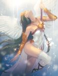  1girl angel_wings armlet blackapinaa bracelet bracer closed_eyes dress green_hair head_back highres jewelry kid_icarus kid_icarus_uprising knee_up light_particles long_hair necklace palutena side_slit single_thighhigh smile solo staff strapless strapless_dress thighhighs tiara very_long_hair white_legwear wings 