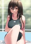  1girl breasts brown_eyes brown_hair closed_mouth commentary_request competition_swimsuit eyebrows_visible_through_hair jonsun long_hair looking_at_viewer one-piece_swimsuit original sitting smile solo swimsuit 