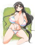  areolae bikini black_eyes black_hair breasts breasts_apart commentary_request eyebrows_visible_through_hair groin highres huge_breasts iwato_kasumi large_areolae long_hair lying momoiro_tunozemi multicolored multicolored_bikini multicolored_clothes nipples on_back pubic_hair puffy_nipples saki side-tie_bikini smile striped striped_bikini swimsuit very_long_hair 