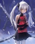  1girl christmas christmas_gift cleavage_cutout commentary destroyer_(girls_frontline) eyebrows_visible_through_hair girls_frontline sangvis_ferri sarasa_(kanbi) smile snowing solo twintails 