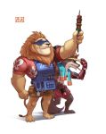  2017 anthro barefoot bottomwear brown_body brown_fur canid canine canis clothed clothing cosplay crossover crossover_cosplay disney duo felid food fully_clothed fur hat headgear headwear hi_res holding_food holding_gun holding_object holding_weapon leodore_lionheart lion mammal mane mccree_(overwatch) officer_wolfard pantherine shorts simple_background soldier_76_(overwatch) tan_body tan_fur topless weapon white_background wolf zootopia 杯具螺旋丸 