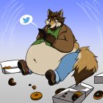  1:1 anthro belly big_belly brown_body brown_fur canid canine canis cellphone clothed clothing doughnut eating food fur hi_res holding_cellphone holding_object holding_phone hyper hyper_belly male mammal navel nugget_kun obese obese_male overweight overweight_male phone sitting smartphone smile solo speech_bubble twitter wolf 