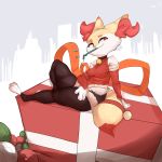  1:1 2019 absurd_res anthro bell bottomwear bow_ribbon braixen breasts clothed clothing collar female foxialist fully_clothed fur gift hi_res light lighting nintendo orange_eyes pants pok&eacute;mon pok&eacute;mon_(species) red_body red_fur simple_background sitting smile solo tan_body tan_fur video_games white_body white_fur 