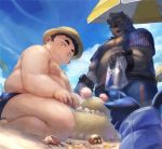  anthro barghest_(tas) beach black_hair body_hair brown_body brown_fur bulge chest_hair child clothed clothing cloud duo fur hair hi_res human kenta_(tas) male mammal nion open_shirt orange_hair pendant sand seaside shirt sky slightly_chubby tokyo_afterschool_summoners topwear ursid video_games young 