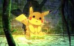  1other brick brick_floor brick_wall brown_eyes electricity full_body gen_1_pokemon in_water looking_at_viewer metalfrog no_humans open_mouth pikachu plant pokemon pokemon_(creature) roots shadow sitting sitting_on_floor solo wall water 