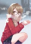  1girl :o black_legwear black_skirt braid brown-framed_eyewear brown_eyes brown_hair coat cupping_hands glasses kneehighs long_hair long_sleeves looking_at_viewer miniskirt miyoshino original parted_lips red_coat scarf skirt snowing solo squatting thighs winter winter_clothes 