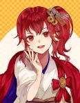  1girl anna_(fire_emblem) bow cape coin coin_hair_ornament commentary_request eyebrows_visible_through_hair fire_emblem fire_emblem_heroes hair_between_eyes hair_ornament japanese_clothes jurge kimono looking_at_viewer new_year obi open_mouth ponytail red_bow red_cape red_eyes red_hair sash shiny shiny_hair short_hair side_ponytail smile solo teeth tied_hair white_kimono yukata 