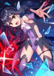 1girl bangs bare_shoulders benitsuki_tsubasa black_hair blush breasts brown_eyes commentary_request energy eyebrows_visible_through_hair fate/kaleid_liner_prisma_illya fate_(series) hair_ornament hairclip highres holding long_hair looking_at_viewer magical_girl miyu_edelfelt open_mouth small_breasts solo thighhighs yellow_eyes 