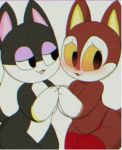  2019 animal_crossing anthro black_body blush brown_body bulge clothing domestic_cat felid feline felis half-closed_eyes legwear looking_at_another looking_at_partner looking_away male male/male mammal narrowed_eyes nintendo nude punchy_(animal_crossing) rudy_(animal_crossing) screwybadger simple_background stockings thick_thighs thong underwear video_games yellow_sclera 