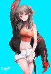  1girl 2019 abs absurdres arm_above_head blue_background breasts brown_hair cleavage dated groin head_tilt highres hrs_1001 jacket looking_at_viewer medium_breasts navel off_shoulder original parted_lips red_eyes short_shorts short_twintails shorts tank_top twintails twitter_username white_shorts 