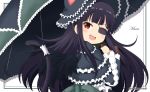  1girl :d animal_ears animal_hat bangs black_capelet black_dress black_hair black_headwear black_umbrella black_wings blush capelet cat_ears cat_girl cat_hat cat_tail character_name commentary_request dress eyebrows_visible_through_hair eyepatch fake_animal_ears fang feathered_wings frilled_capelet frills gothic_lolita hat holding holding_umbrella lolita_fashion long_hair long_sleeves miicha mirai_(senran_kagura) open_mouth red_eyes senran_kagura smile solo tail tail_raised twitter_username umbrella upper_body very_long_hair white_background wide_sleeves wings 