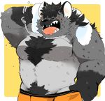  2019 anthro belly black_body black_fur blush bulge clothing eyes_closed fur humanoid_hands hyaenid hyaku_(artist) japanese_text male mammal navel pubes solo text towel underwear wet 